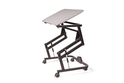 Rifton Adaptive Desk with Casters, Tilt, Gray Top with Raised Edge, Elbow Supports, Side Storage Box, Anti-tip Rollers, Device Mount Adapter, and Slide on Ledge