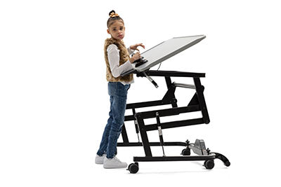 Rifton Adaptive Desk with Casters, Tilt, Gray Top with Raised Edge, Elbow Supports, Side Storage Box, Anti-tip Rollers, Device Mount Adapter, and Slide on Ledge