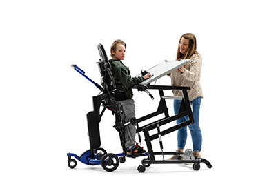 Rifton Adaptive Desk with Casters, Tilt, Gray Top with Raised Edge, Elbow Supports, Side Storage Box, Anti-tip Rollers, Device Mount Adapter, and Slide on Ledge