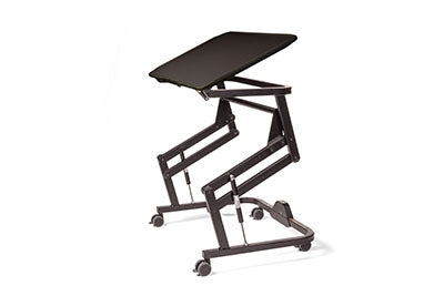 Rifton Adaptive Desk with Casters, Tilt, Black Top with Raised Edge, Elbow Supports, Side Storage Box, Anti-tip Rollers, Device Mount Adapter, and Slide on Ledge