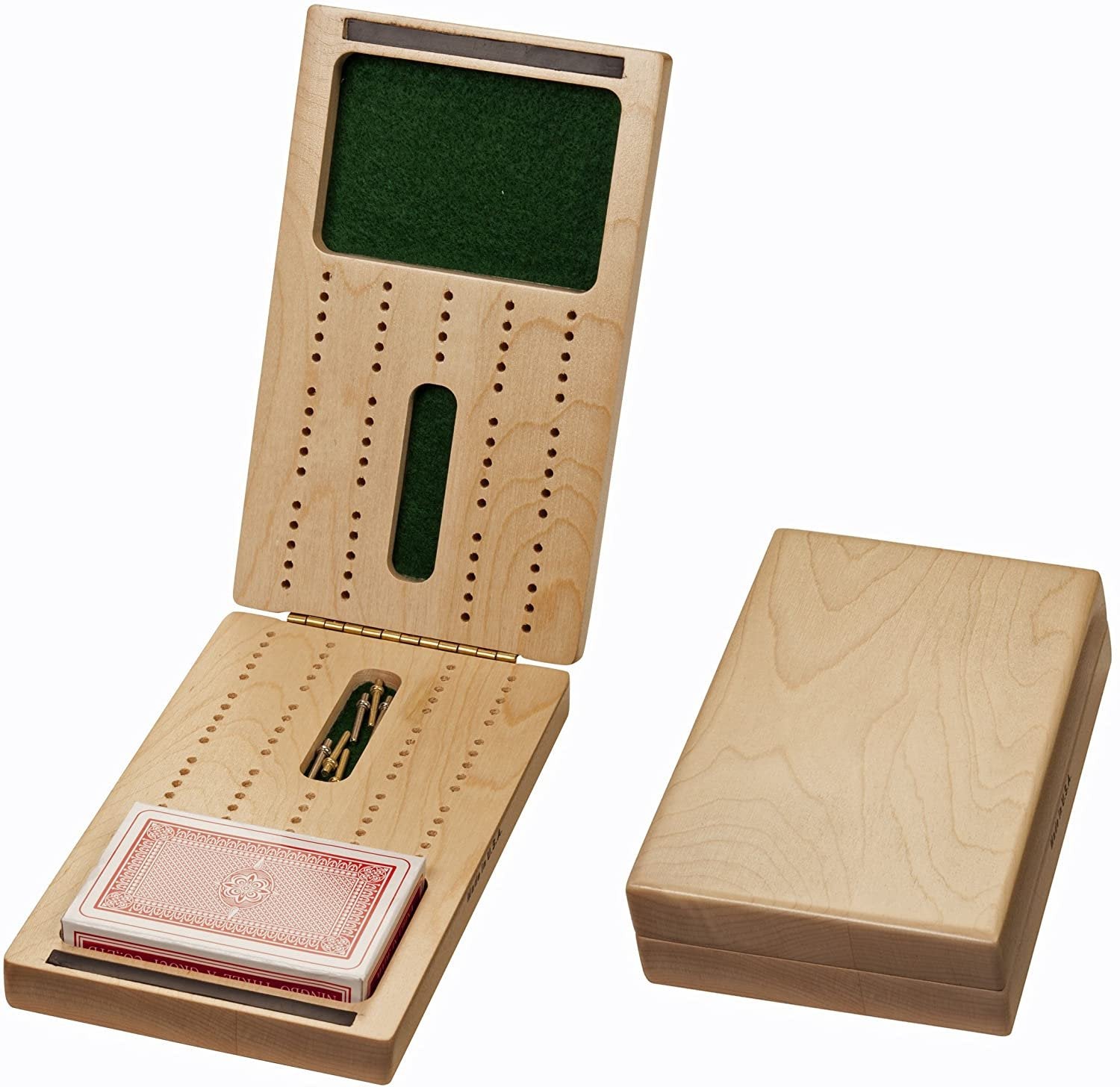 2 Track Foldable Travel Cribbage Set w/ Storage, Cards & Metal Pegs - Solid Wood