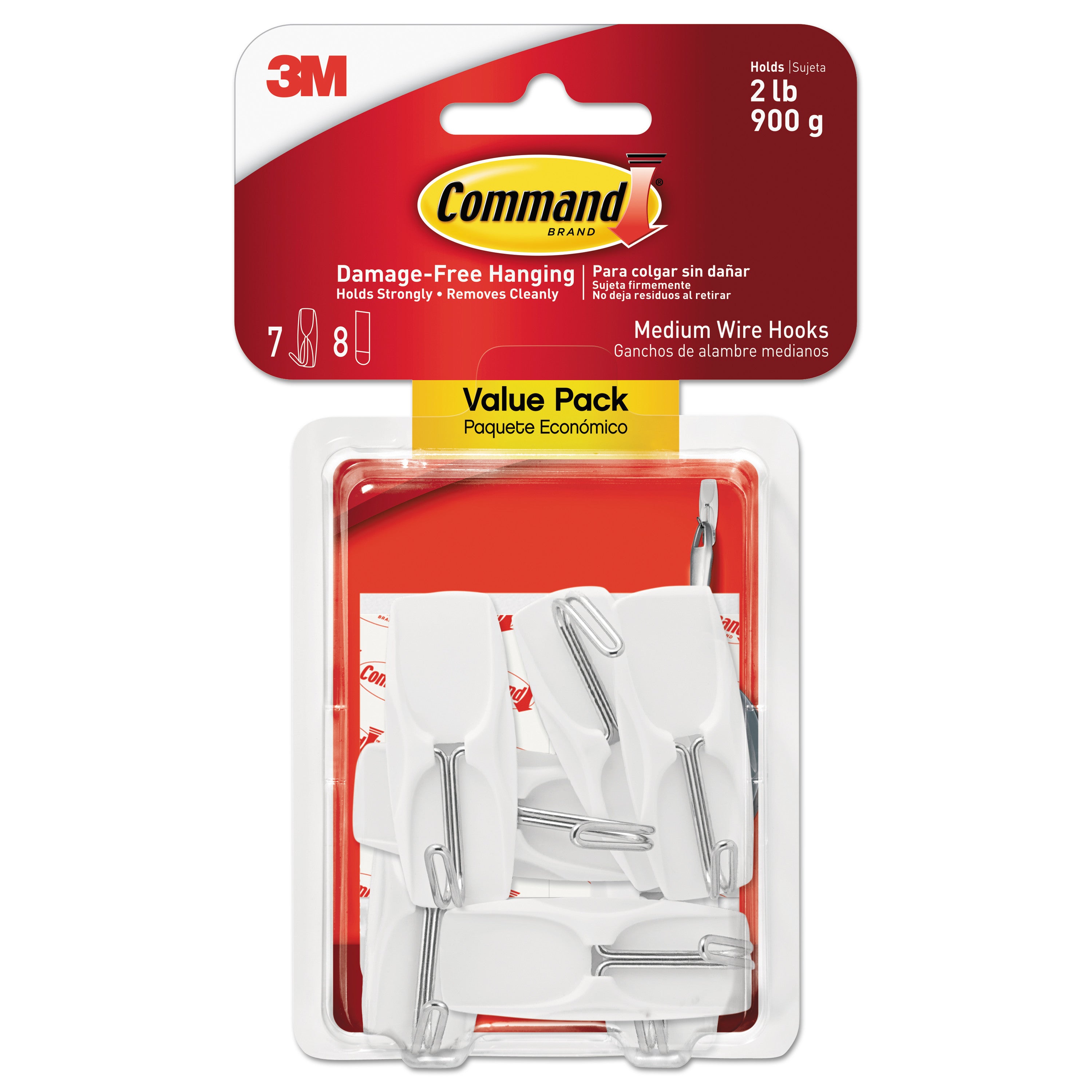 Command Hook - 7 Hooks - 7 Medium Hook - 2 lb (907.2 g) Capacity - Reusable - 2.2" Height x 0.9" Width - Adhesive - Medium - Wire Hook - for General Purpose, Painted Surface, Wood, Tile - Metal, Plastic - White - 7 / Pack