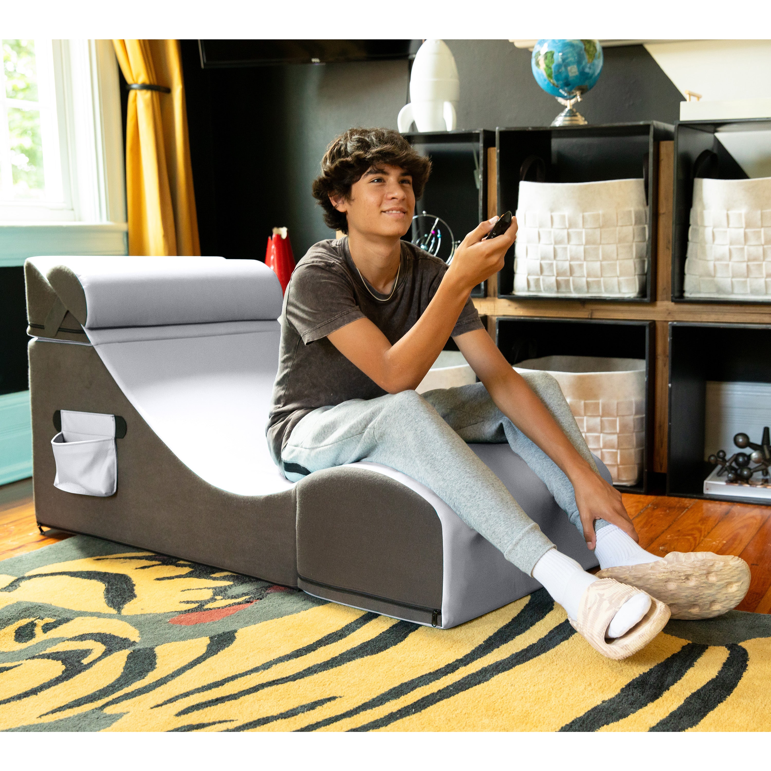Jaxx Flexx V-Tex Convertible 3 in 1 Gamer Chair, Table, & Ottoman w/ Adjustable Headrest & Pocket - Vinyl Submarine Grey