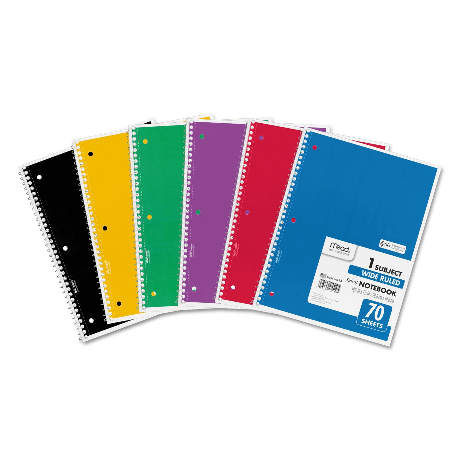Mead Notebook, 1 Subject, 70 Sheets, Wide Ruled, 3-Hole Punched, 7.5" x 10.5", Assorted Colors, 6 Pack
