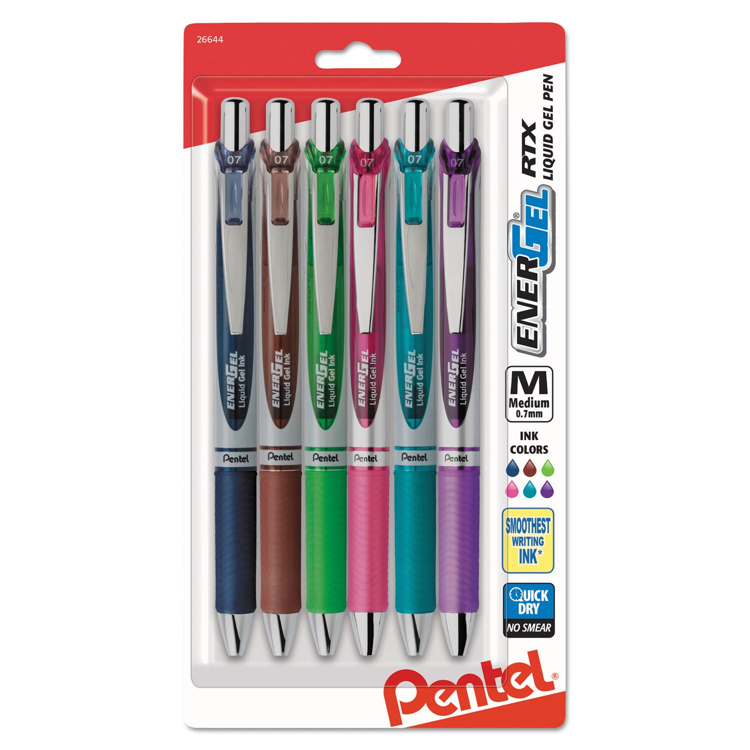 Pentel EnerGel RTX Liquid Steel Tip Gel Pens, 0.7mm Medium, Refillable, Retractable, Assorted Ink & Barrel Colors (Navy Blue, Lime Green, Brown, Pink, Violet, Turquoise), Stainless Steel Tip, 6 Pack