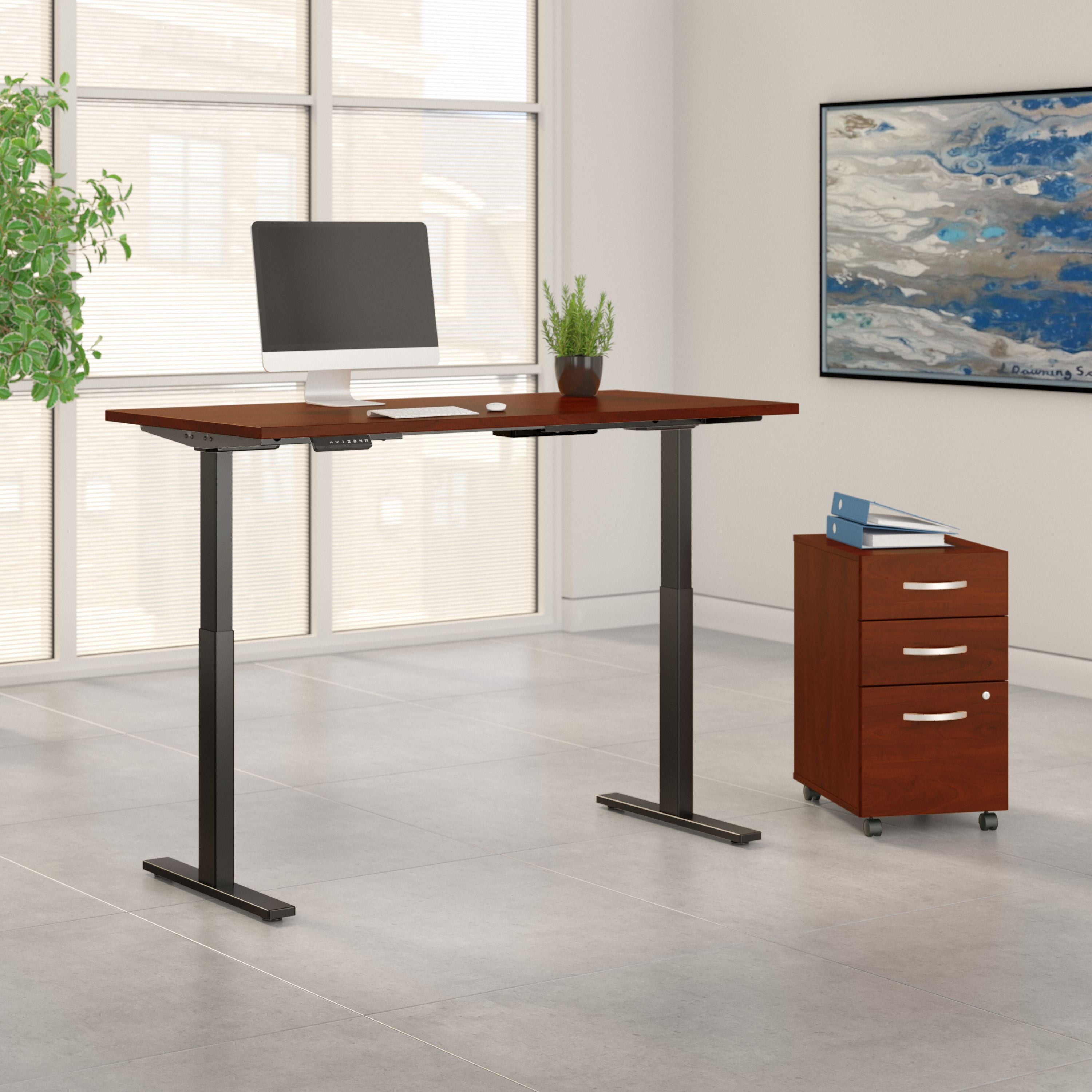 Move 60 Series by Bush Business Furniture 60W x 30D Height Adjustable Standing Desk with Storage in Hansen Cherry with Black Base - 59.45" Width x 29.37" Depth x 47.69" Height