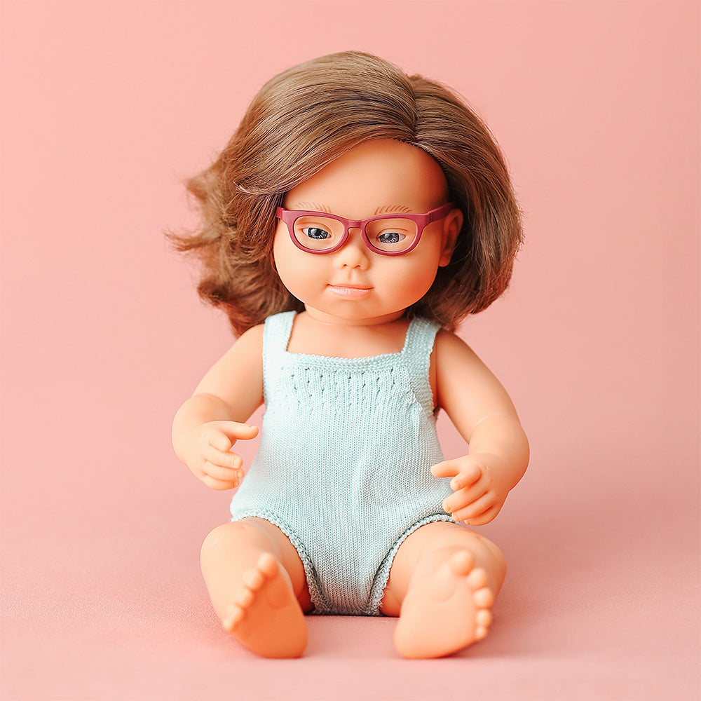Baby Doll Caucasian Girl with Down Syndrome with Glasses 15'' (turquoise rompers)