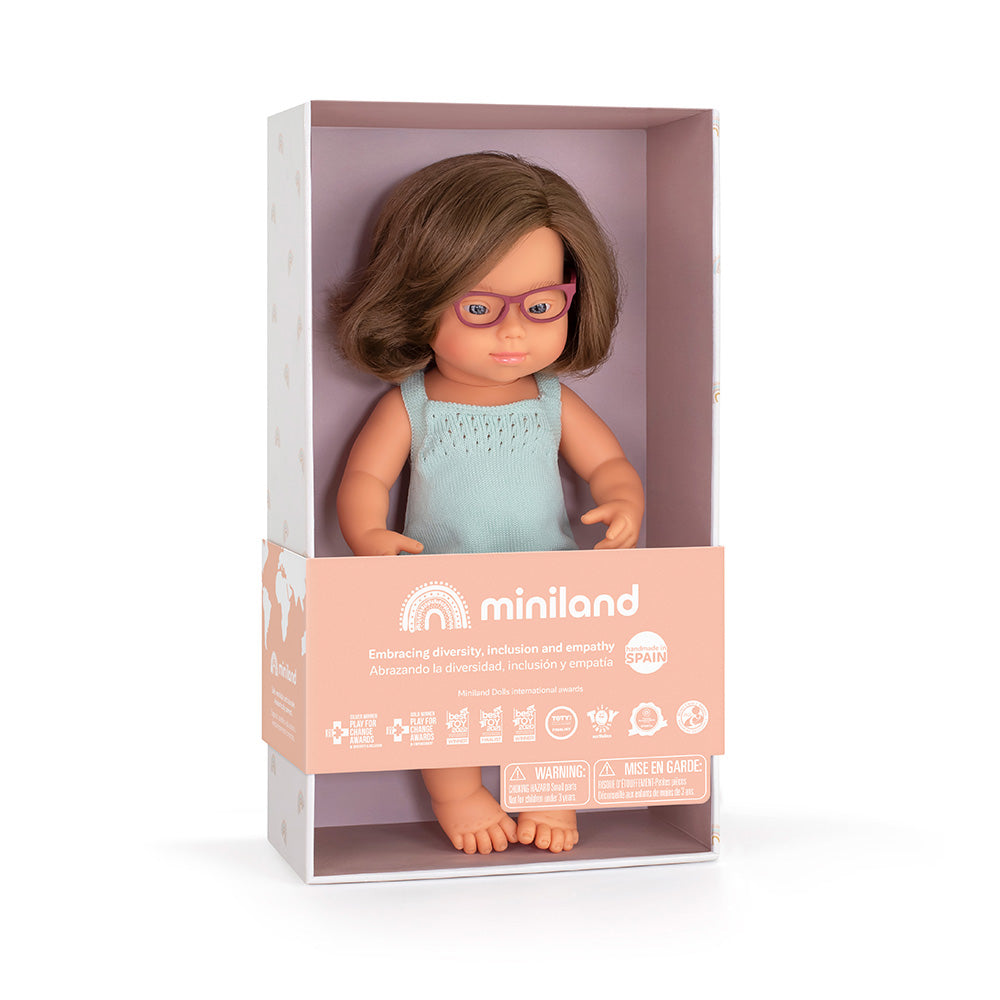 Baby Doll Caucasian Girl with Down Syndrome with Glasses 15'' (turquoise rompers)