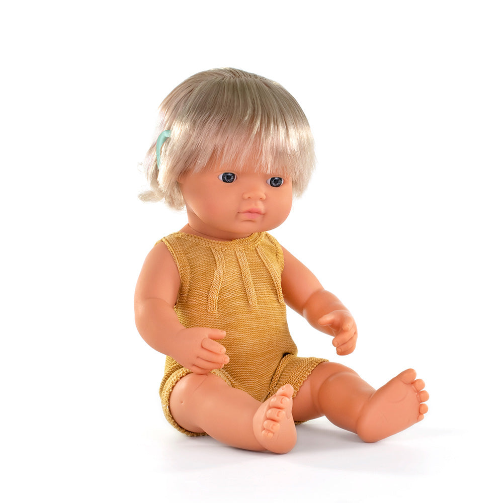 Baby Doll Caucasian Girl with Hearing Implant 15” (ochre rompers)