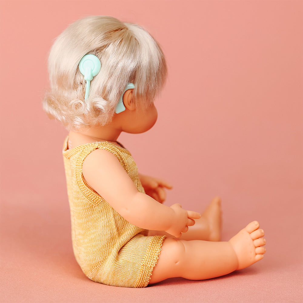 Baby Doll Caucasian Girl with Hearing Implant 15” (ochre rompers)
