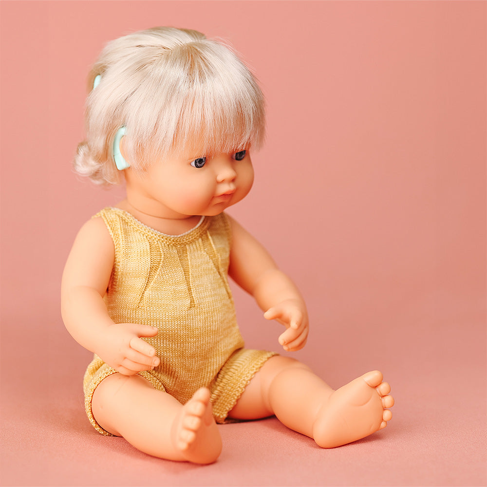Baby Doll Caucasian Girl with Hearing Implant 15” (ochre rompers)
