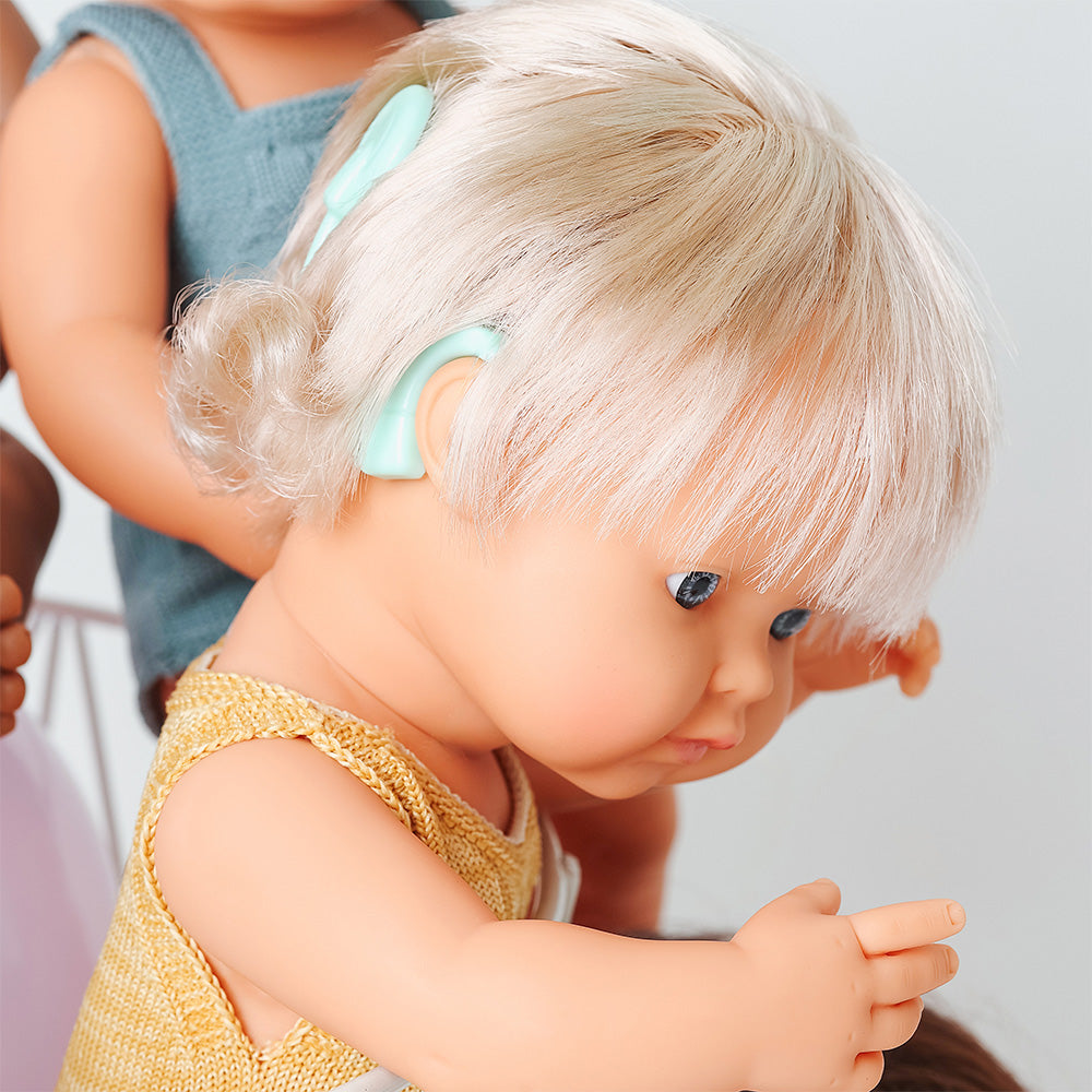 Baby Doll Caucasian Girl with Hearing Implant 15” (ochre rompers)