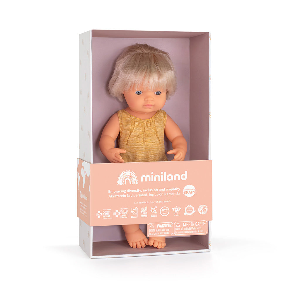 Baby Doll Caucasian Girl with Hearing Implant 15” (ochre rompers)
