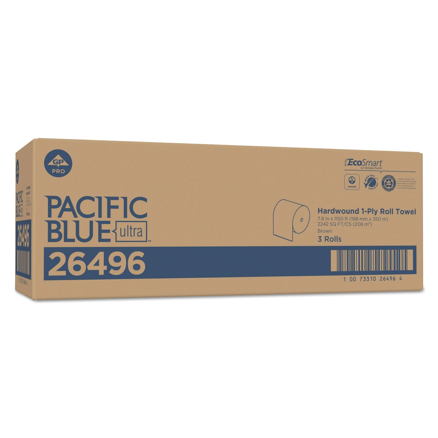 Pacific Blue Ultra High-Capacity Recycled Paper Towel Rolls, 7.87" x 1150 ft, Brown, 3 Rolls per Carton