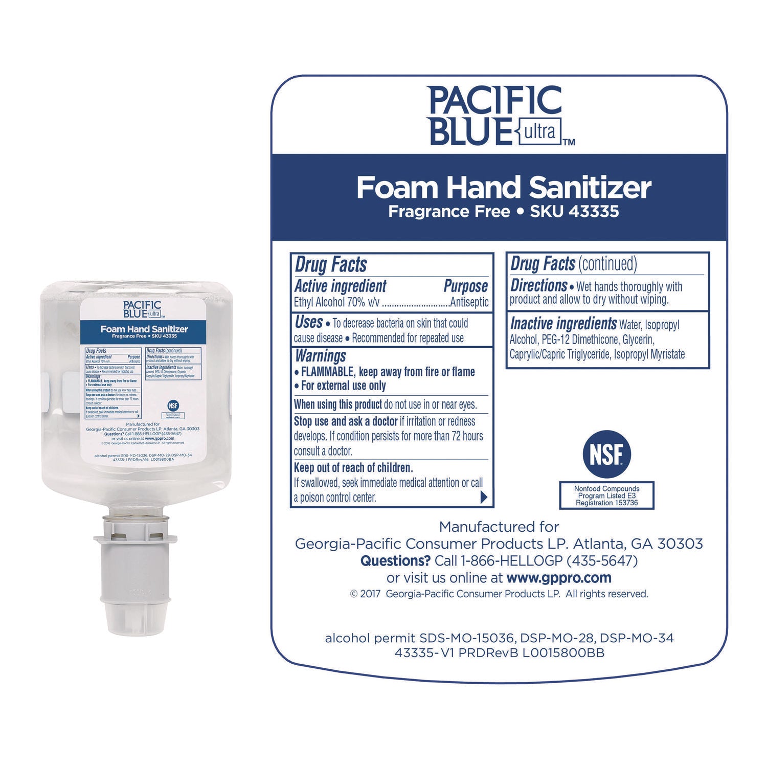 Pacific Blue Ultra Hand Sanitizer Foam Refill - 1.06 quart - Squeeze Bottle Dispenser - Kill Germs - Hand, Skin - Moisturizing - Clear - Dye-free, Fragrance-free, Food-safe - 4 / Carton