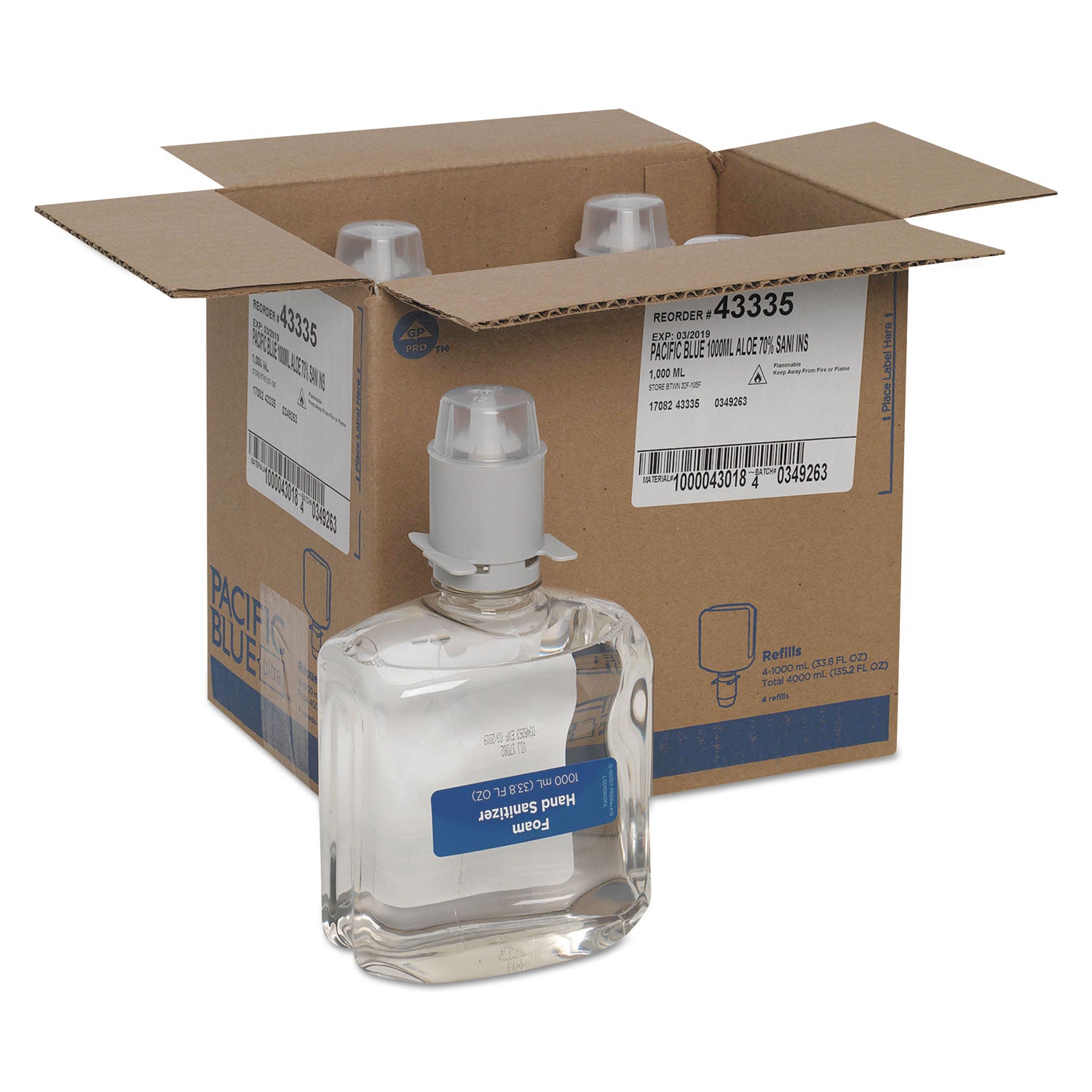 Pacific Blue Ultra Hand Sanitizer Foam Refill - 1.06 quart - Squeeze Bottle Dispenser - Kill Germs - Hand, Skin - Moisturizing - Clear - Dye-free, Fragrance-free, Food-safe - 4 / Carton