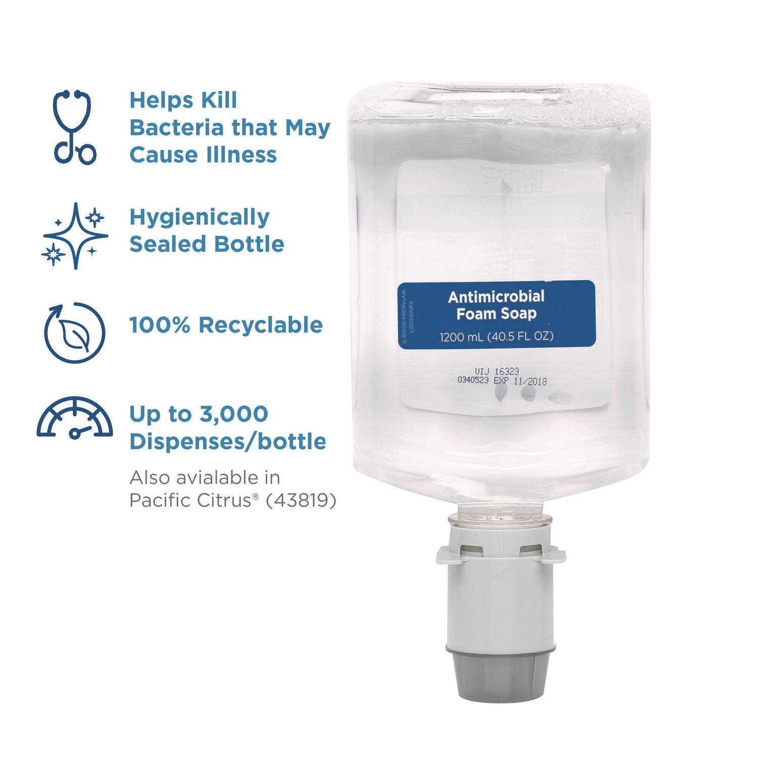 Fragrance-free Scent - 1.27 quart - Bottle Dispenser - Bacteria Remover, Kill Germs - Hand, Food Processing Industry, Restroom - Antibacterial - Clear - Recycled - Dye-free, pH Balanced - 4 / Carton