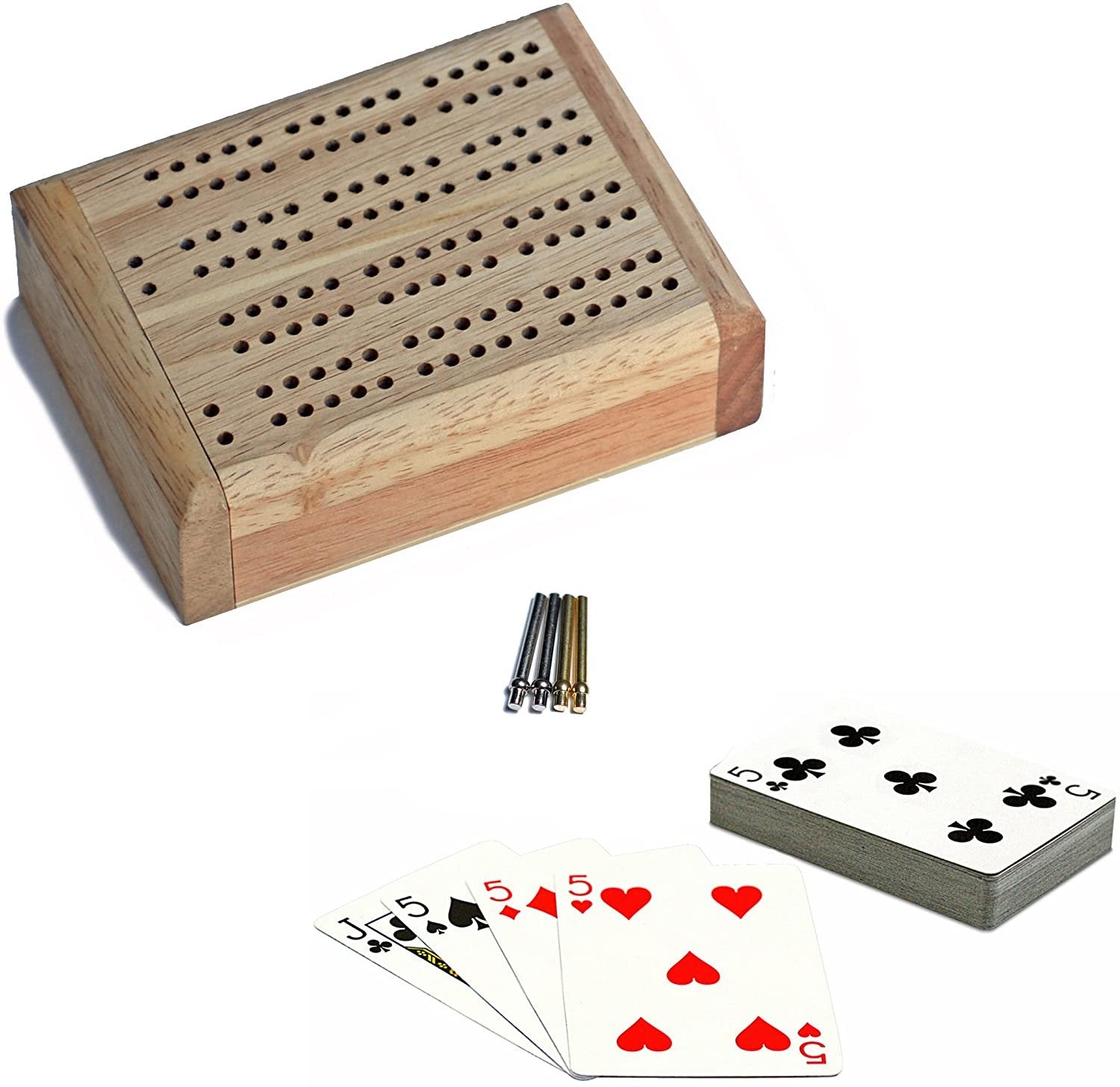 Mini Travel Cribbage Set - Solid Wood 2 Track Board with Swivel Top and Storage for Cards and Metal Pegs