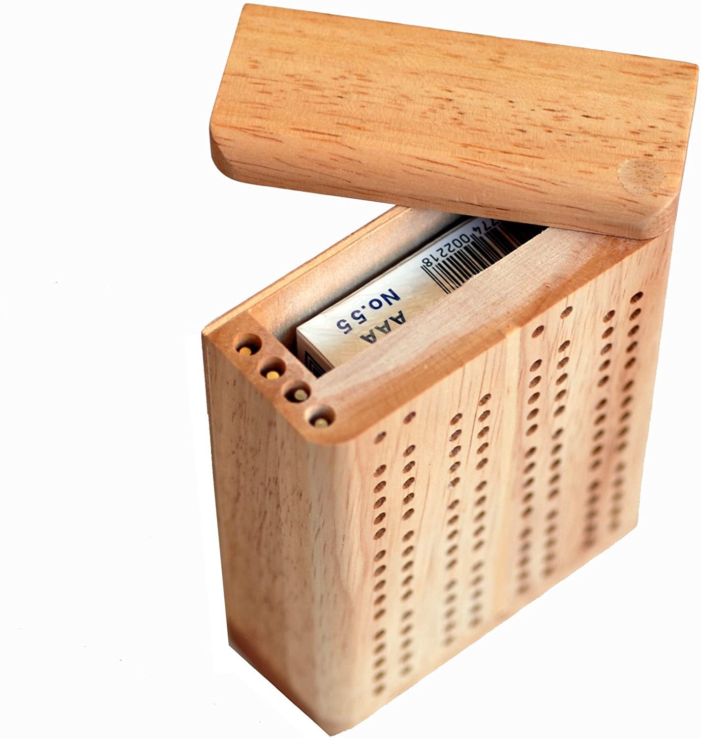 Mini Travel Cribbage Set - Solid Wood 2 Track Board with Swivel Top and Storage for Cards and Metal Pegs
