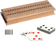 Cribbage - Board  &  Pegs 3 Track Oak W/ Inlay, Storage For 2 Decks Of Cards, Includes Cards