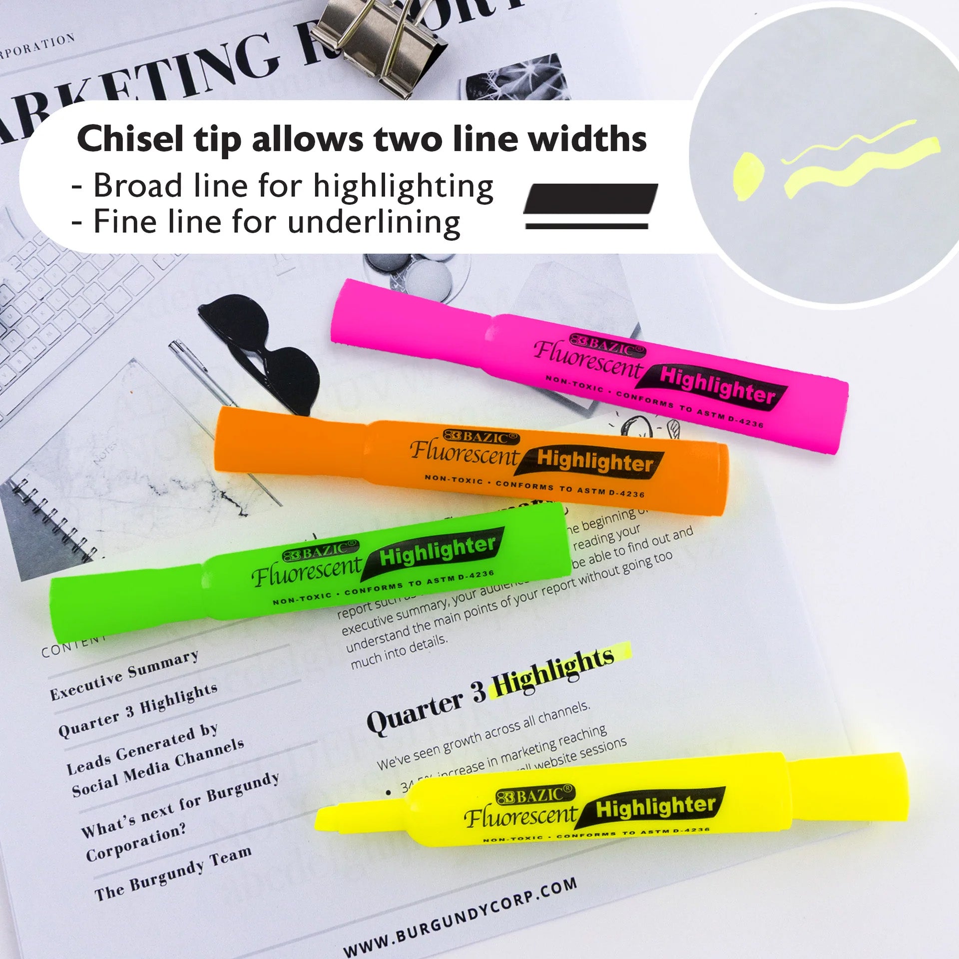 Desk Style Fluorescent Highlighters, Pack of 4
