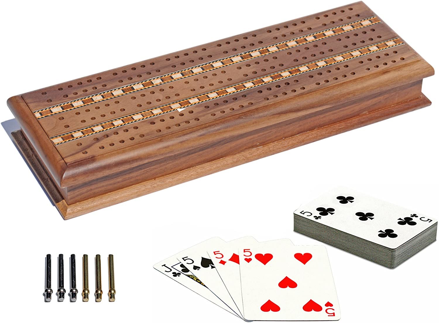 Cribbage - Board  &  Pegs 3 Track Oak W/ Inlay, Storage For 2 Decks Of Cards, Includes Cards