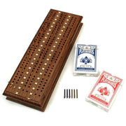 Cribbage - Board  &  Pegs 3 Track Medium Stained Oak W/Inlay, Storage For 2 Decks Of Cards With Cards