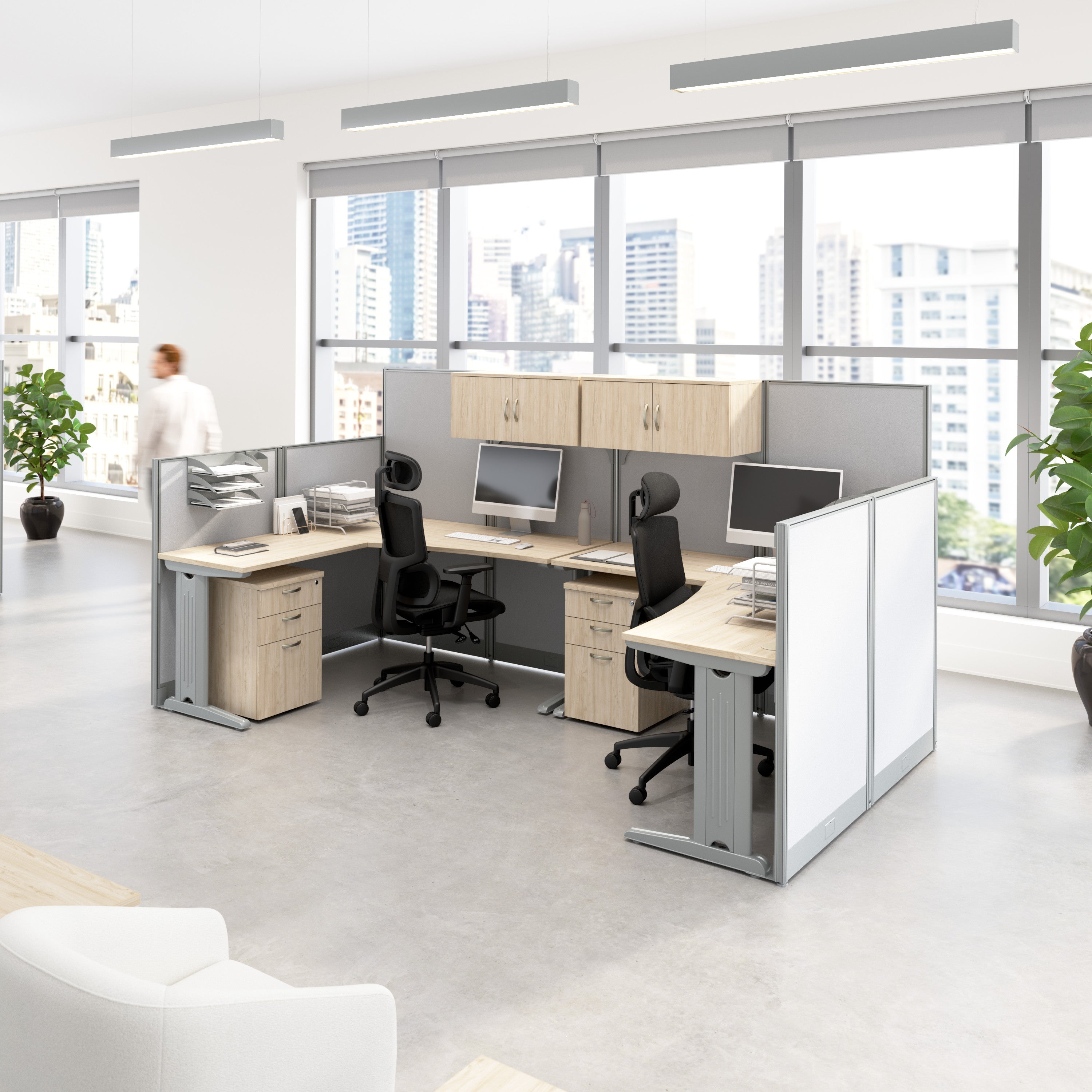 Bush Business Furniture Office in an Hour 2 Person L Shaped Cubicle Desks with Storage, Drawers, and Organizers in Natural Elm - 128.97" Width x 64.88" Depth x 62.86" Height