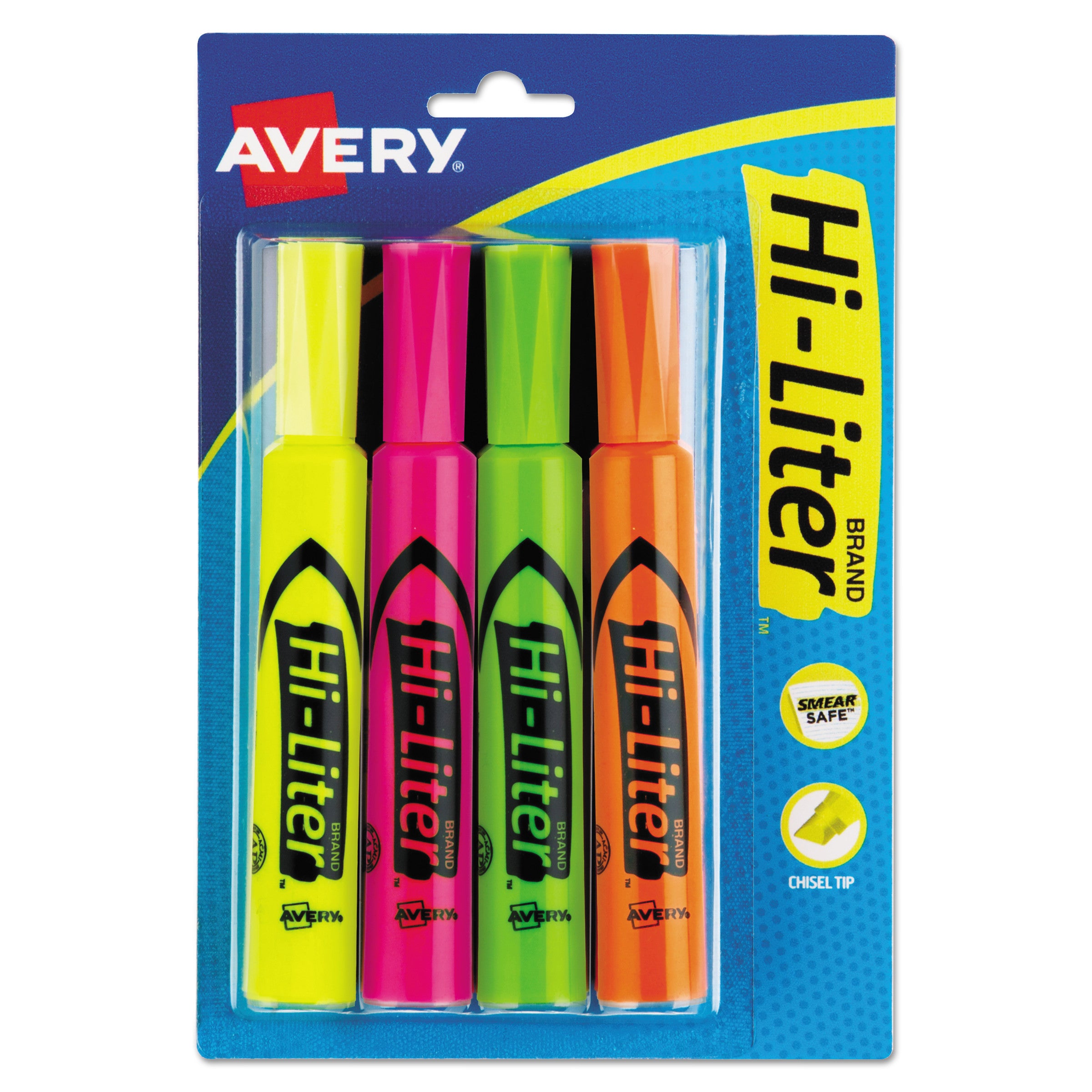 Hi-Liter® Desk-Style Highlighters, Assorted Colors, Smear Safe™, Nontoxic, 4 Highlighters