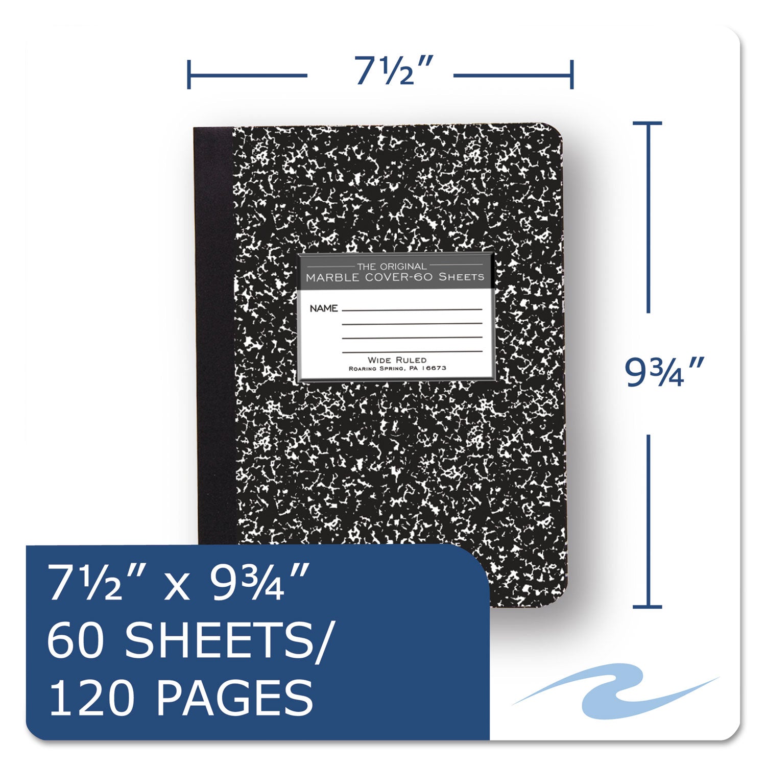 Roaring Spring Wide Ruled Hard Cover Composition Book, 60 Sheets, 120 Pages, 9 3/4" x 7 1/2", Black Marble Cover, 1 Each