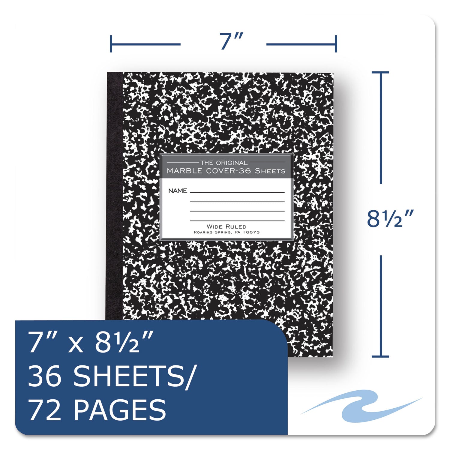 Roaring Spring Wide Ruled Flexible Cover Composition Book, 36 Sheets, 72 Pages, 8.5" x 7", Black Marble Cover, 1 Each