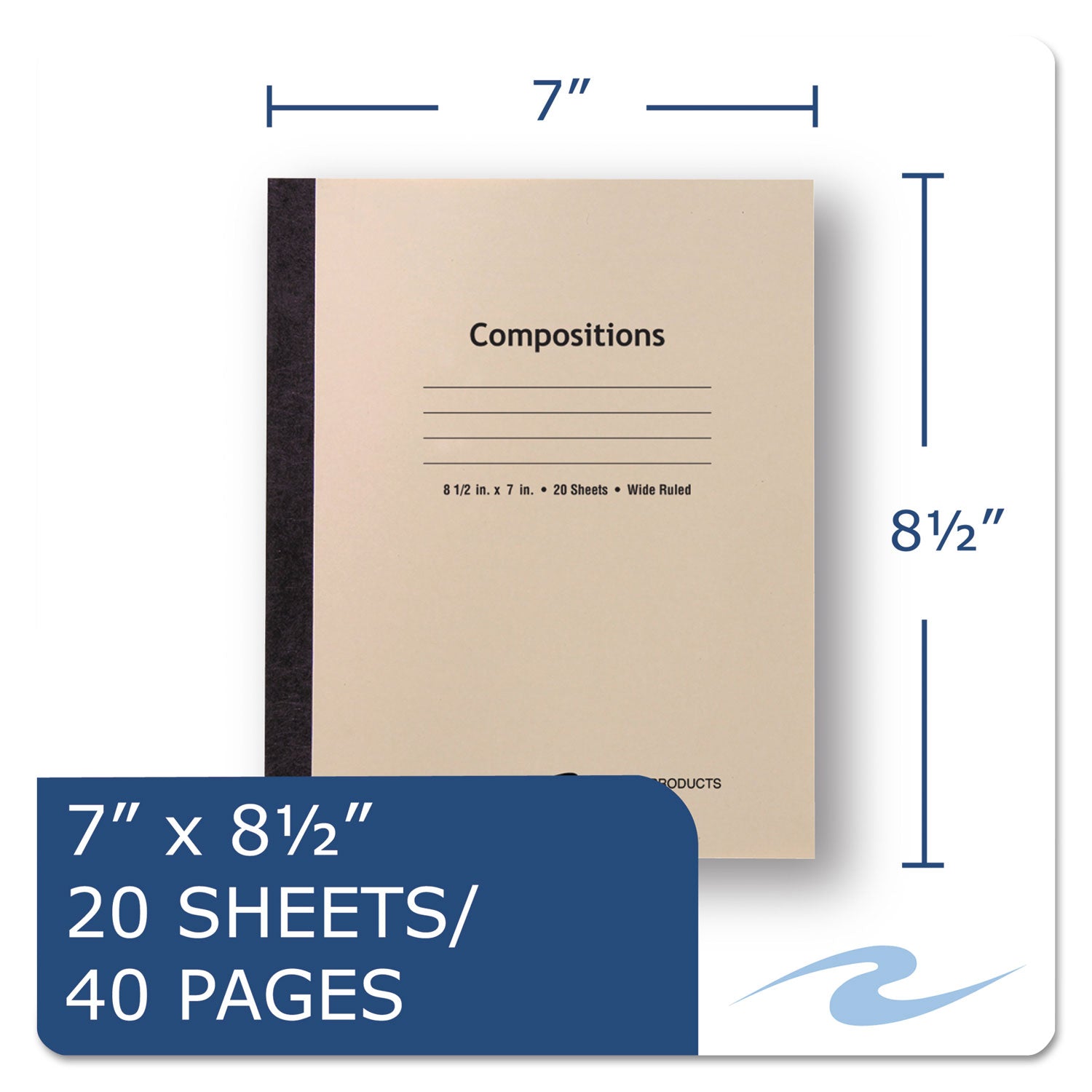 Roaring Spring Wide Ruled Flexible Cover Composition Book, 8.5" x 7", 20 Sheets, 40 Pages, Manila Cover, Sewn/Tapebound, 1 Each