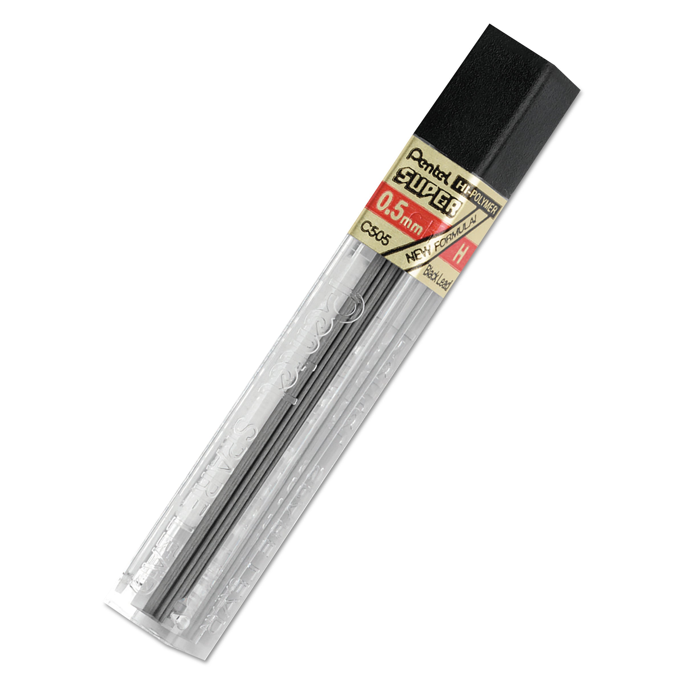 Pentel Super Hi-Polymer Leads - 0.5 mm , Fine Point - H - Black Lead - 12 / Tube