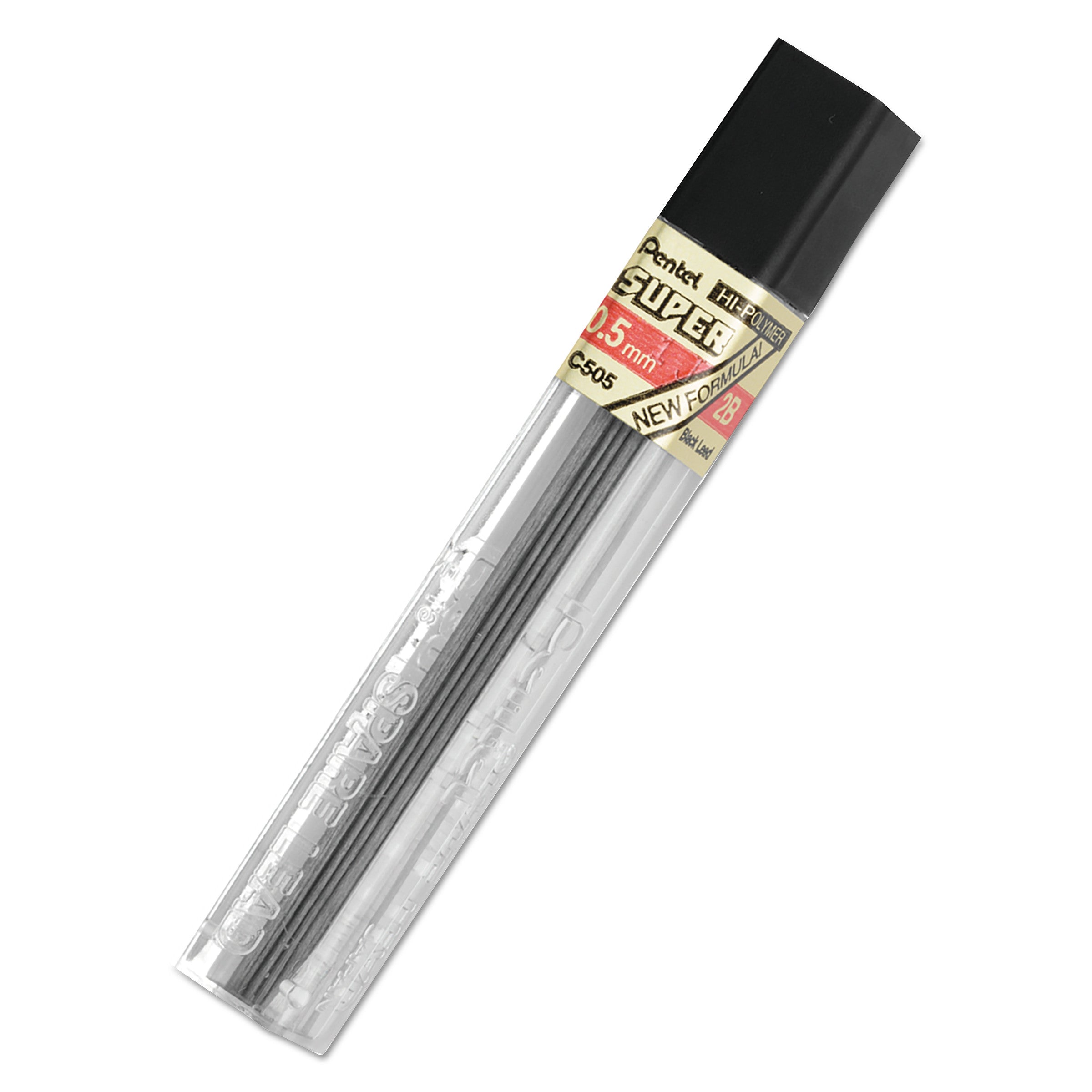Pentel Super Hi-Polymer Leads - 0.5 mm , Fine Point - 2B - Black Lead - 12 / Tube