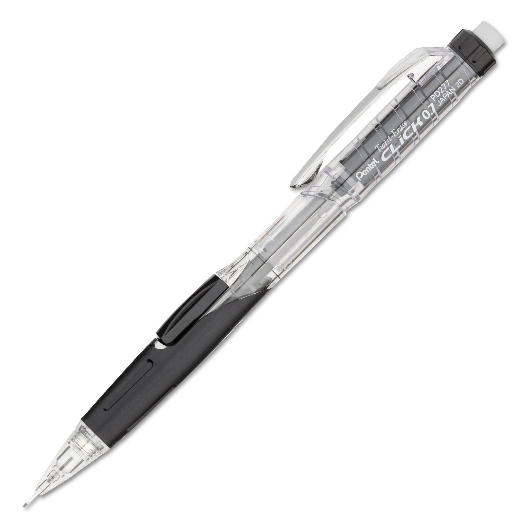 Pentel .7mm Twist-Erase Click Mechanical Pencil - 0.7 mm Smoke Lead - #2 - Refillable - Black, Transparent Barrel - 1 Each