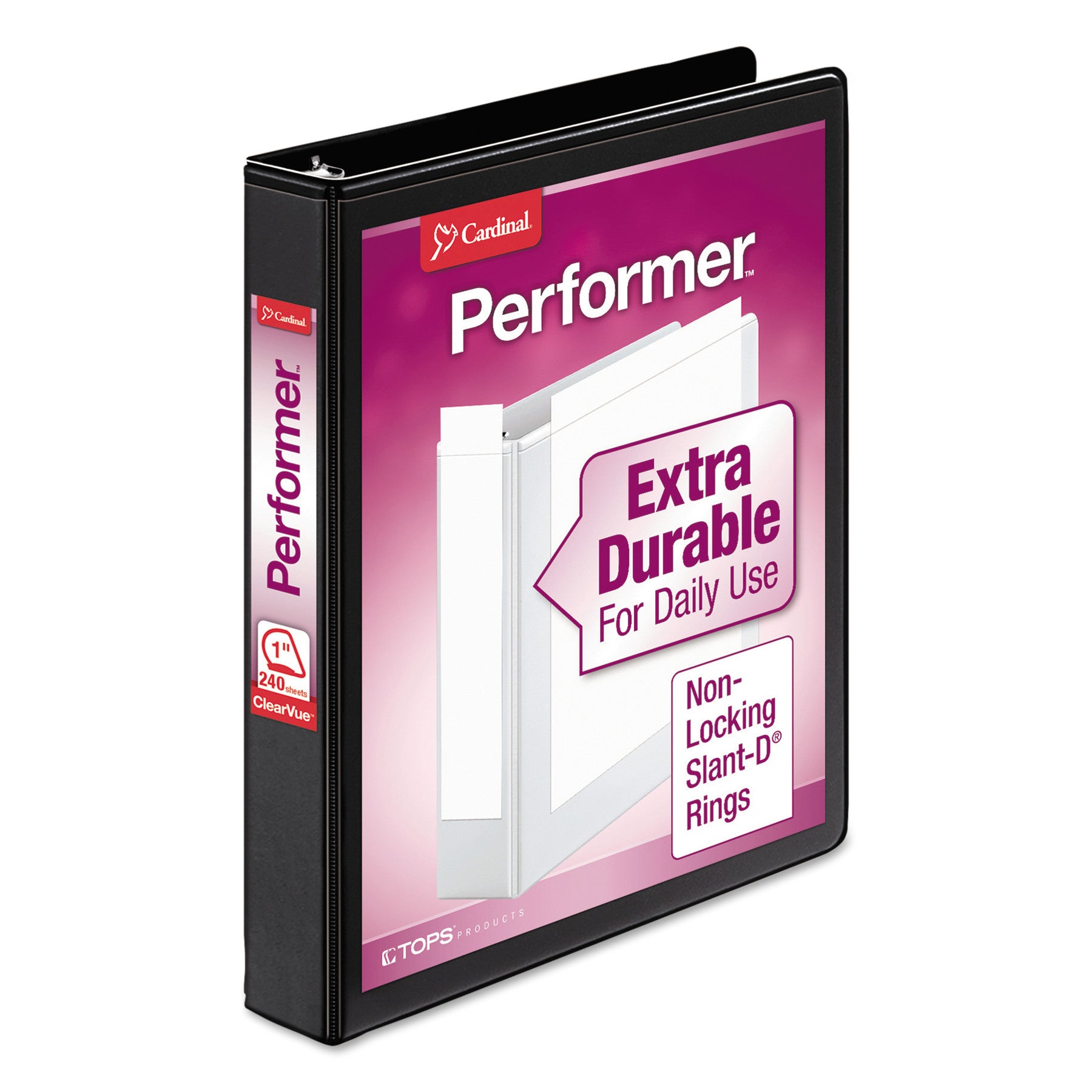 Cardinal Performer ClearVue Slant-D Ring Binder, 1" Capacity, 240 Sheet, Letter Size, 3 D-Rings, 2 Inside Pockets, Black, Vinyl, 1 Each