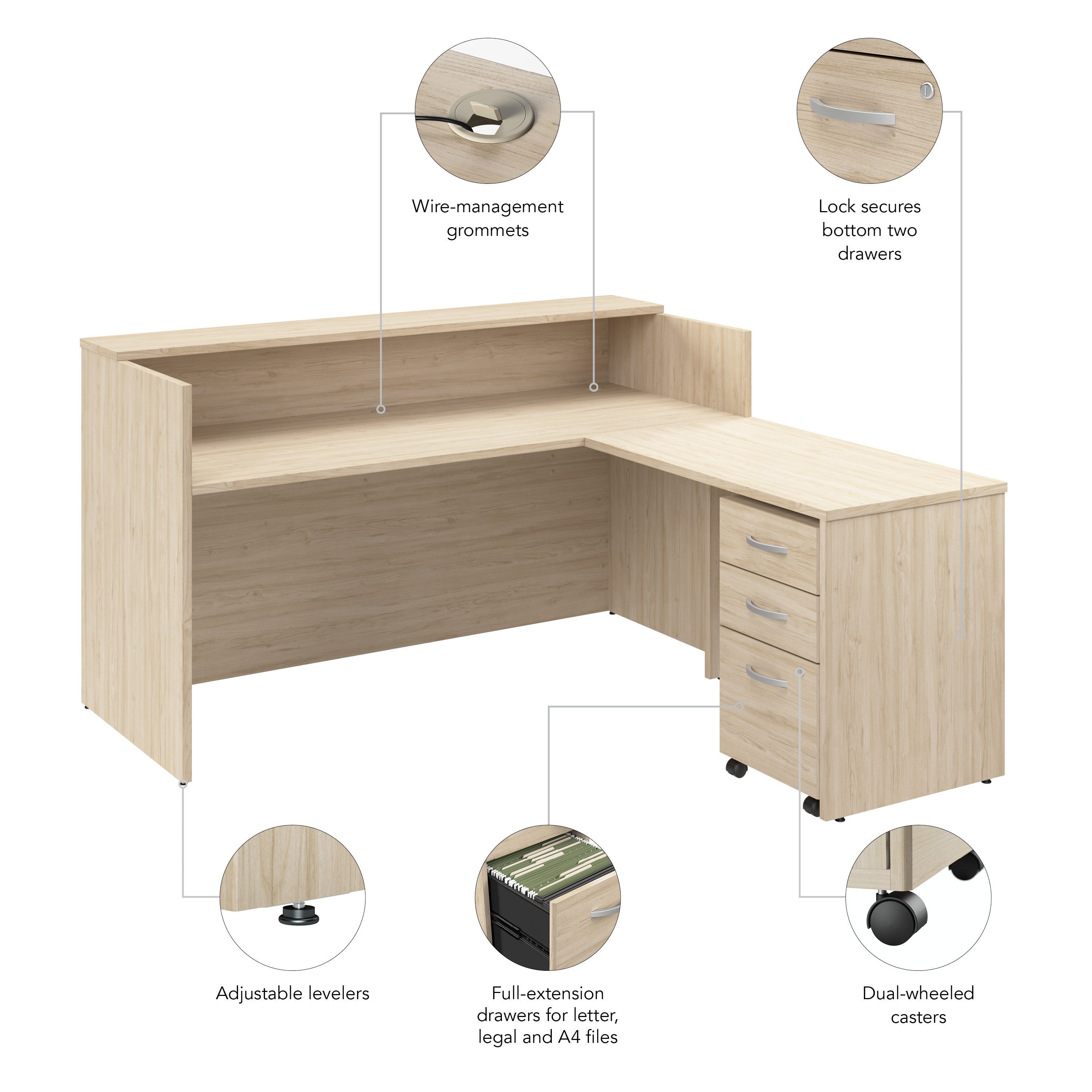 Bush Business Furniture Arrive 72W x 72D L Shaped Reception Desk with Shelf and Mobile File Cabinet in Natural Elm - 71.02" Width x 71.14" Depth x 40.35" Height