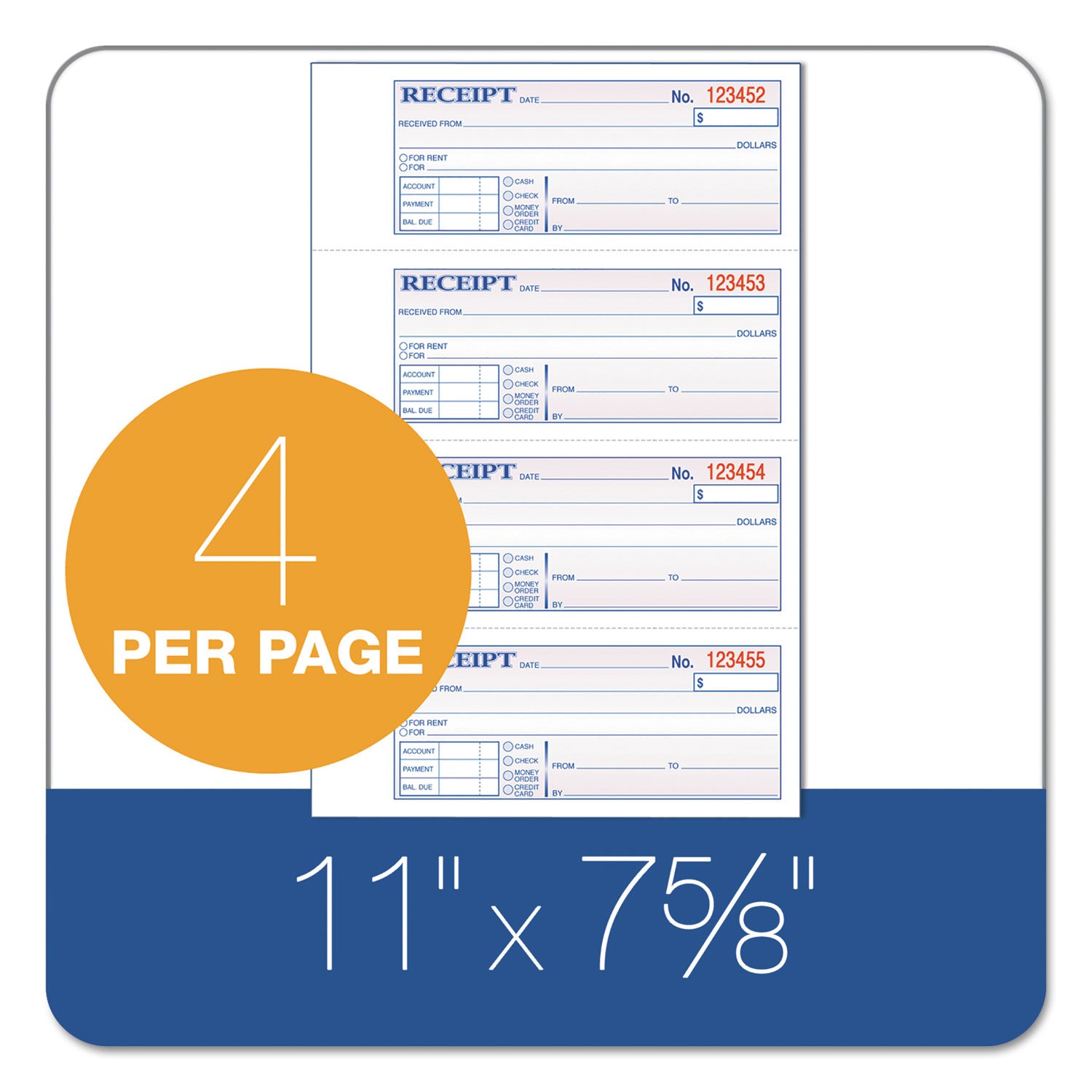 Multipart Money/Rent Receipt Book, Casebound (Hard Cover), Three-Part Carbonless, 7 x 2.75, 4 Forms/Sheet, 200 Forms Total
