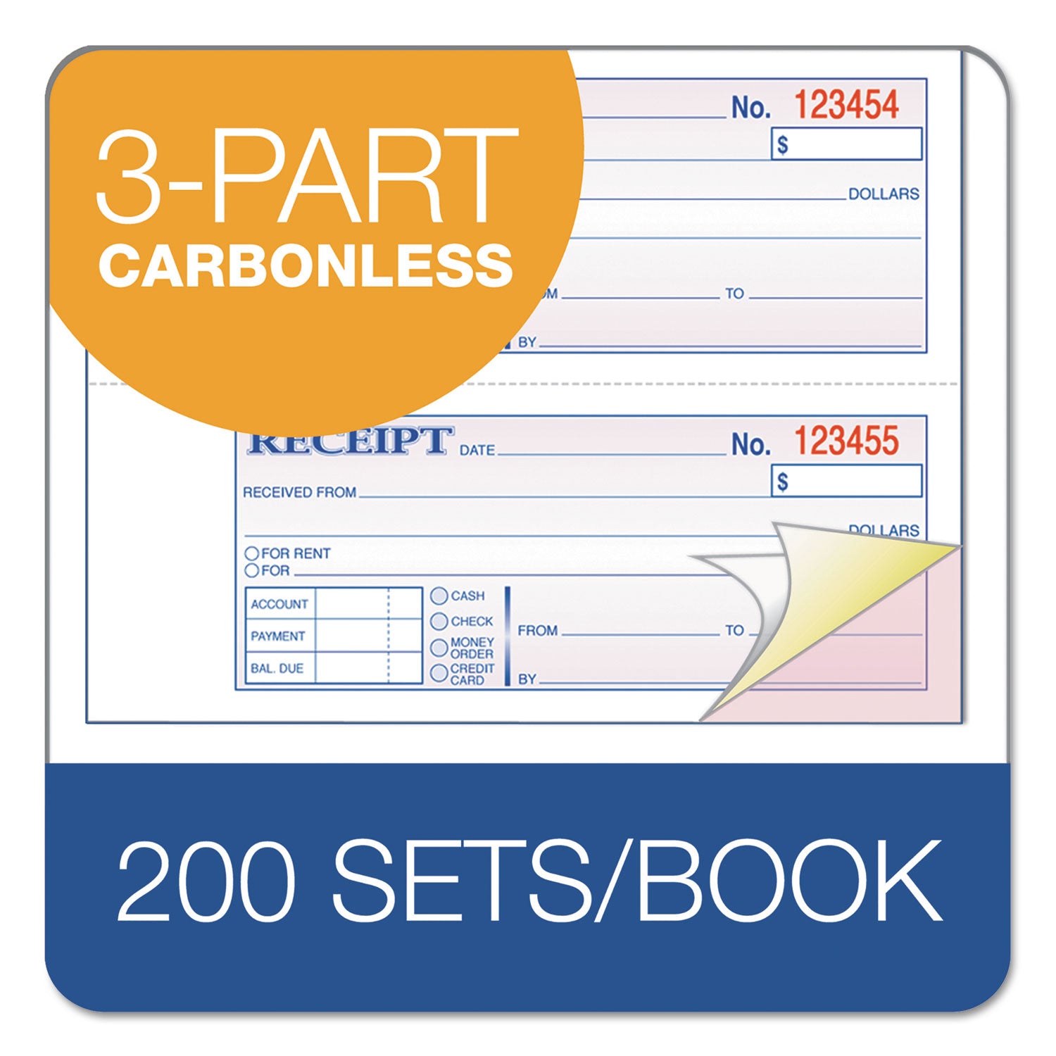 Multipart Money/Rent Receipt Book, Casebound (Hard Cover), Three-Part Carbonless, 7 x 2.75, 4 Forms/Sheet, 200 Forms Total