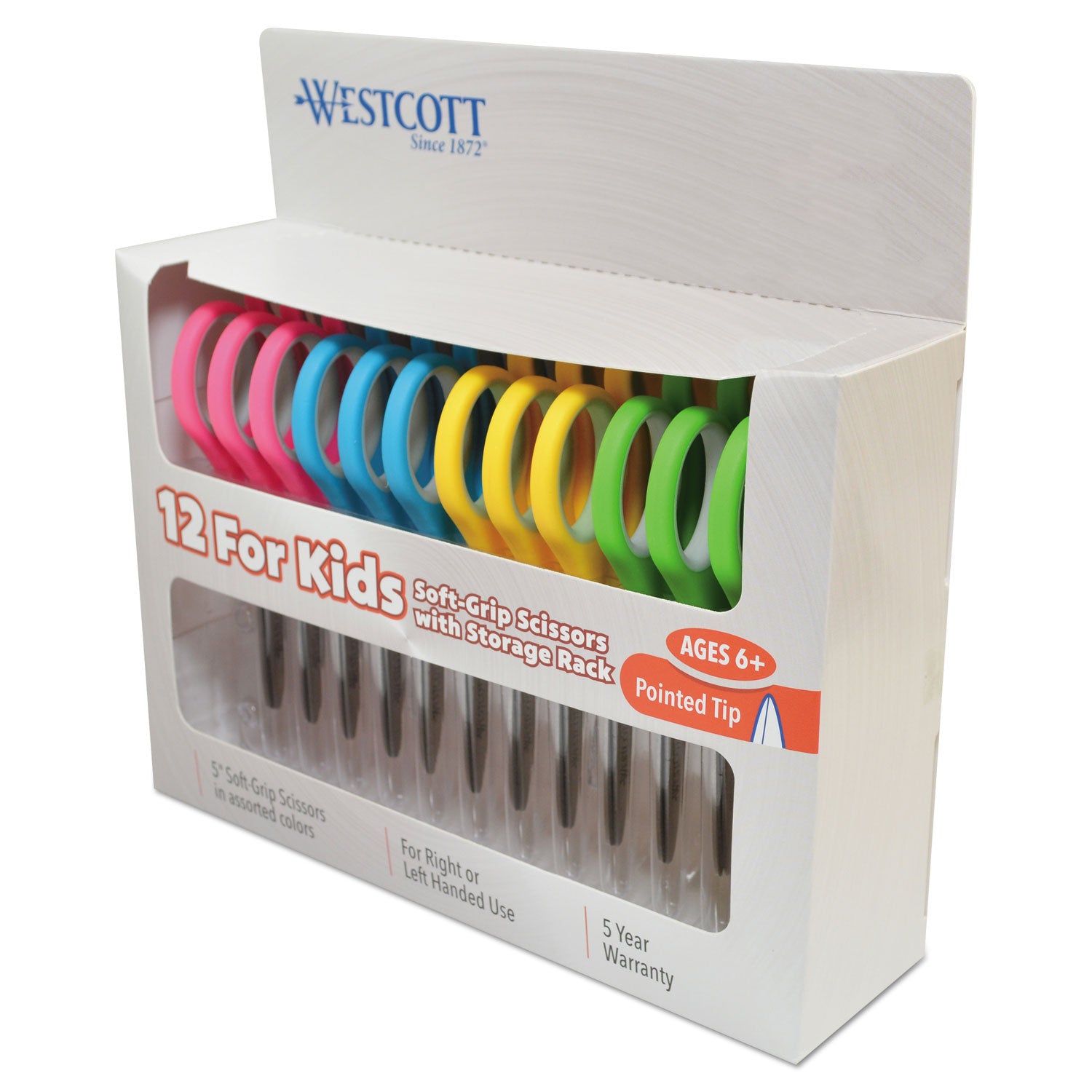 Soft Handle 5" Kids Scissors Classpack with Storage Rack, Pointed, Pack of 12