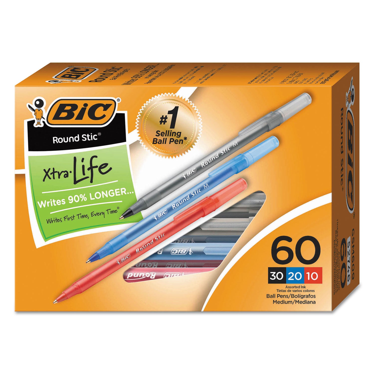 Round Stic® Xtra Life Ballpoint Pen, Medium Point (1.0mm), Assorted, Box of 60