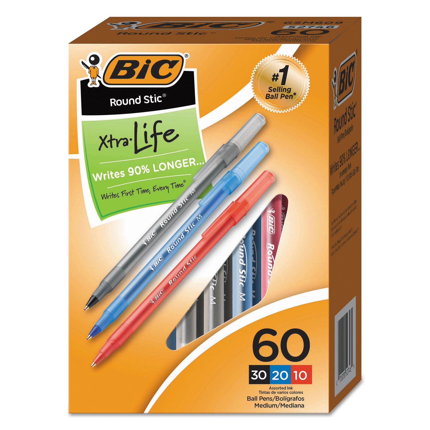 Round Stic® Xtra Life Ballpoint Pen, Medium Point (1.0mm), Assorted, Box of 60