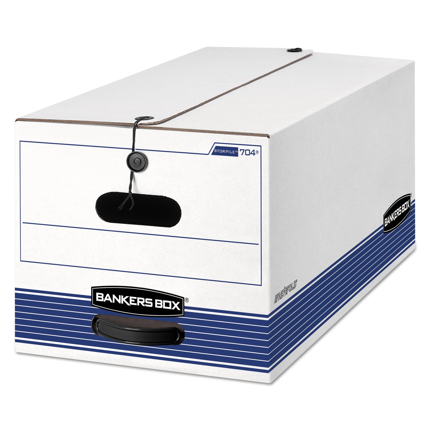 Bankers Box STOR/FILE File Storage Box, Letter Size, String/Button Closure, Medium Duty, Stackable, Plastic, White/Blue, Recycled, 20 Boxes per Carton