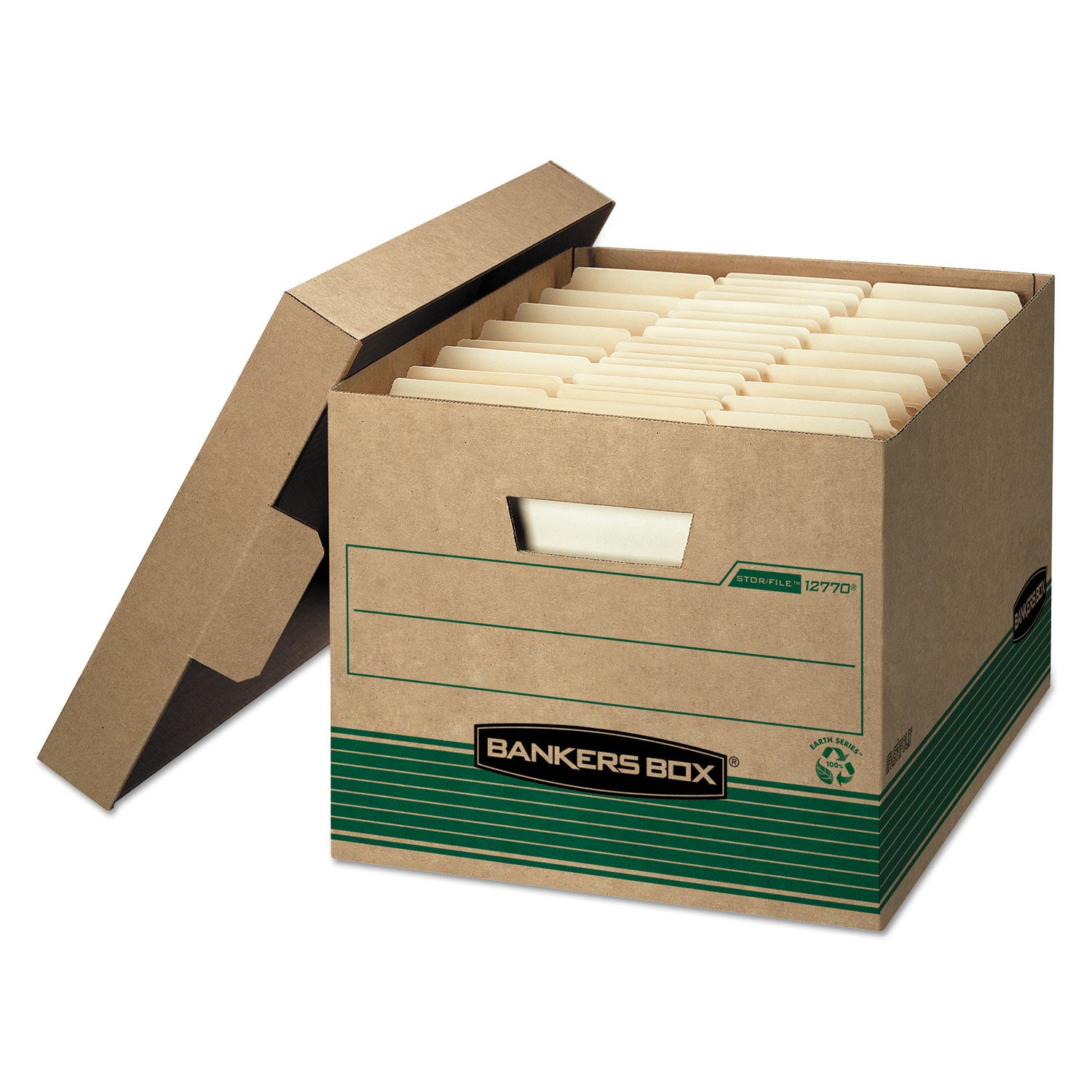 Bankers Box STOR/FILE Recycled File Storage Box, Medium Duty, Lift-Off Lid, Stackable, Kraft/Green, Legal/Letter Size, 20/Carton