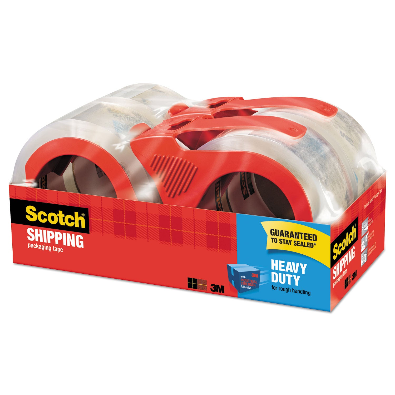 Scotch Heavy-Duty Shipping/Packaging Tape, 1.88" x 54.60 yd, 3.1 mil Thickness, Clear, 3" Core, Synthetic Rubber Resin, Dispenser Included, 4 Pack