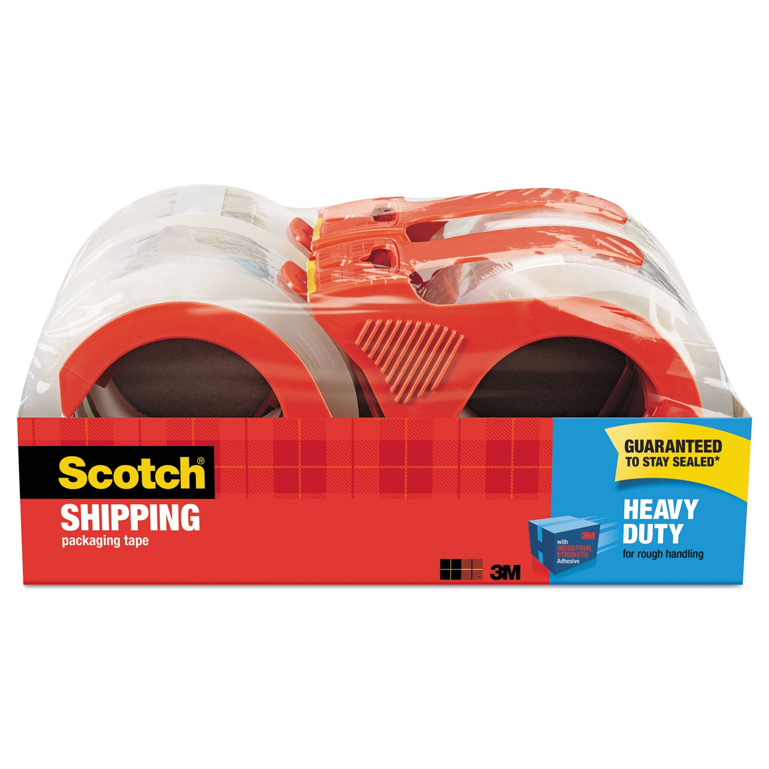 Scotch Heavy-Duty Shipping/Packaging Tape, 1.88" x 54.60 yd, 3.1 mil Thickness, Clear, 3" Core, Synthetic Rubber Resin, Dispenser Included, 4 Pack