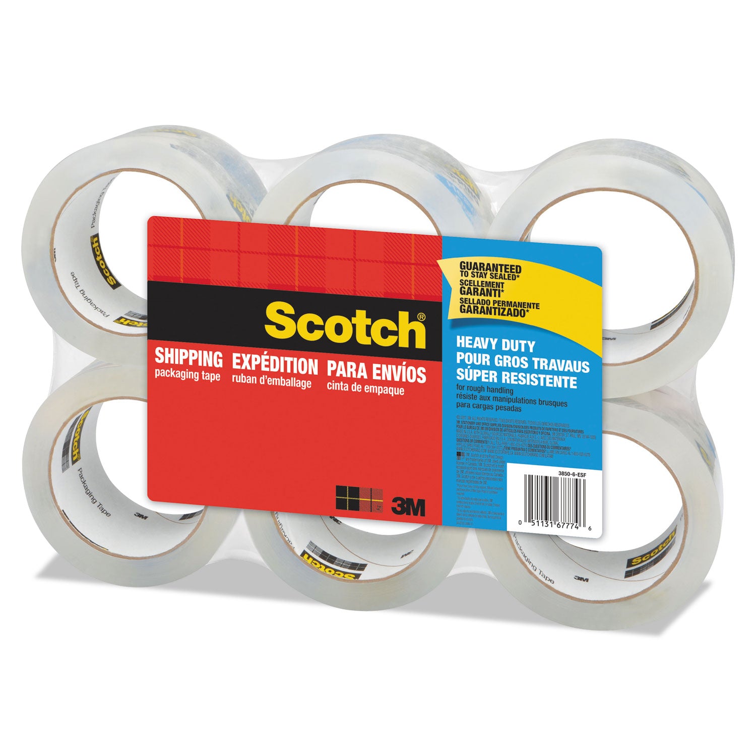 Scotch Heavy-Duty Shipping/Packaging Tape, 1.88" x 54.60 yd, 3.1 mil Thickness, 3" Core, Clear, 6 Pack