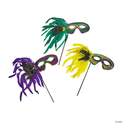 Mardi Gras Feather Masks W/Stick - 12 Pieces