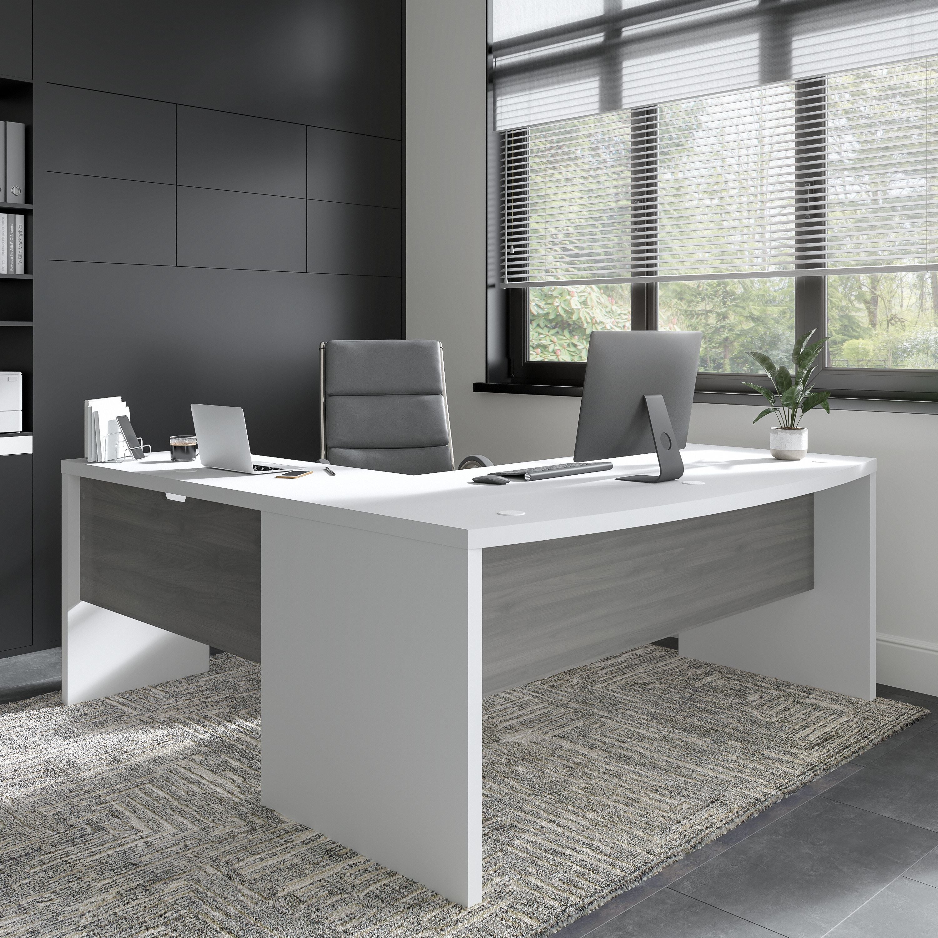 Bush Business Furniture Echo 72W Bow Front L Shaped Desk and Chair Set in Pure White and Modern Gray - 71.97" Width x 77.32" Depth x 42.91" Height