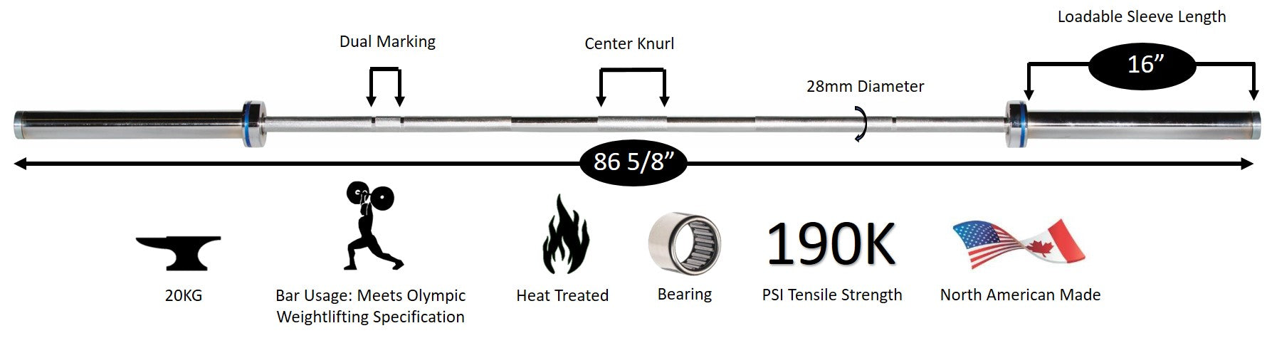 Men's 20 kg "Elite" Competition Olympic Bar - 28 mm, Needle-bearing, Satin Chrome